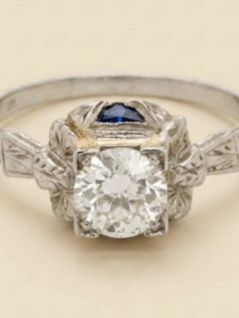 18K Art Deco Solid White Gold Diamond Engagement Ring